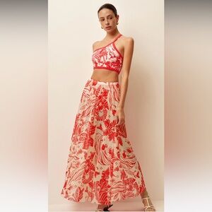 Floral Red and Cream Maxi Skirt Mesh Coverup